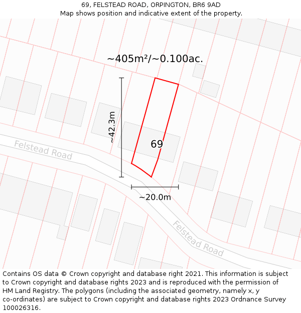 69, FELSTEAD ROAD, ORPINGTON, BR6 9AD: Plot and title map