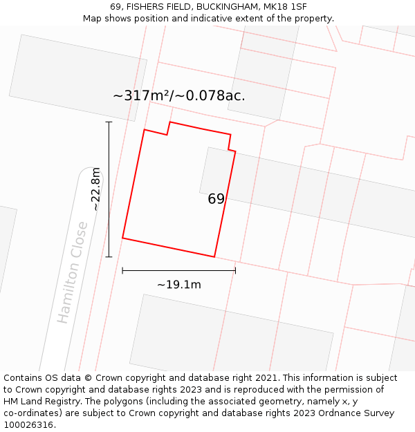 69, FISHERS FIELD, BUCKINGHAM, MK18 1SF: Plot and title map