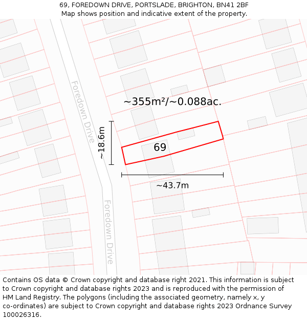 69, FOREDOWN DRIVE, PORTSLADE, BRIGHTON, BN41 2BF: Plot and title map