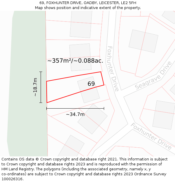 69, FOXHUNTER DRIVE, OADBY, LEICESTER, LE2 5FH: Plot and title map