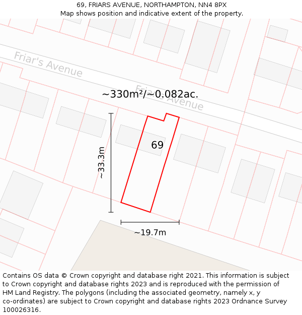69, FRIARS AVENUE, NORTHAMPTON, NN4 8PX: Plot and title map
