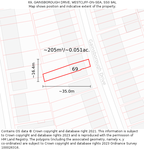 69, GAINSBOROUGH DRIVE, WESTCLIFF-ON-SEA, SS0 9AL: Plot and title map