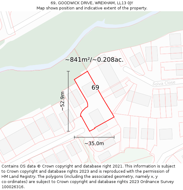 69, GOODWICK DRIVE, WREXHAM, LL13 0JY: Plot and title map