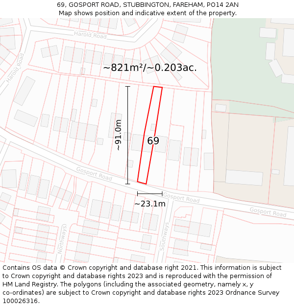 69, GOSPORT ROAD, STUBBINGTON, FAREHAM, PO14 2AN: Plot and title map