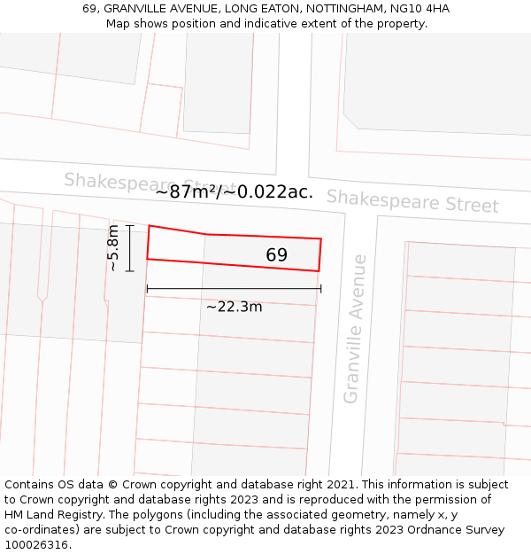 69, GRANVILLE AVENUE, LONG EATON, NOTTINGHAM, NG10 4HA: Plot and title map