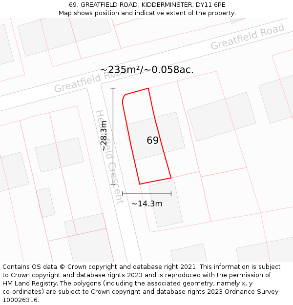 69, GREATFIELD ROAD, KIDDERMINSTER, DY11 6PE: Plot and title map