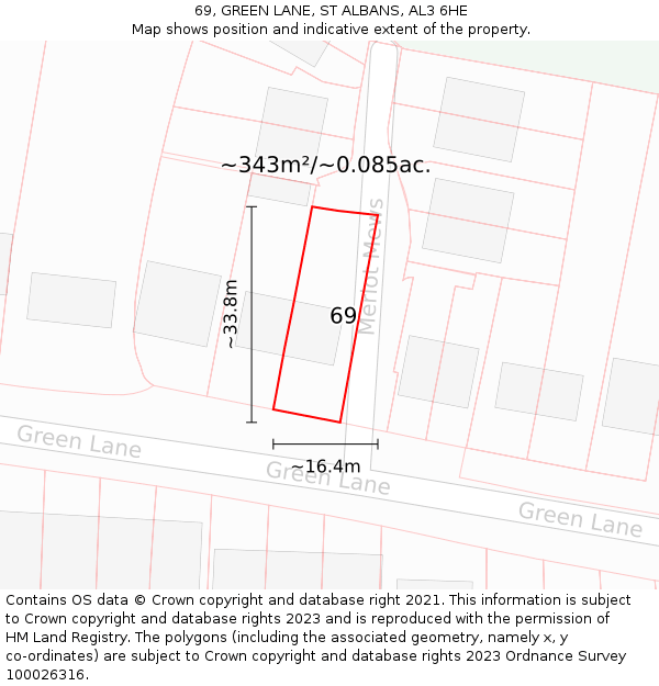 69, GREEN LANE, ST ALBANS, AL3 6HE: Plot and title map