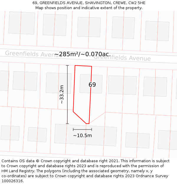 69, GREENFIELDS AVENUE, SHAVINGTON, CREWE, CW2 5HE: Plot and title map