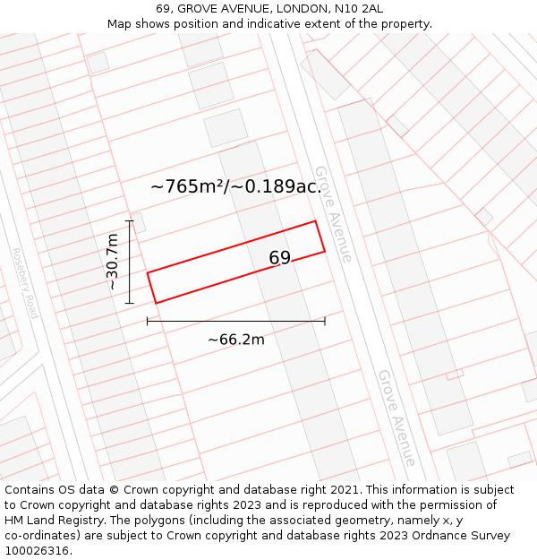 69, GROVE AVENUE, LONDON, N10 2AL: Plot and title map