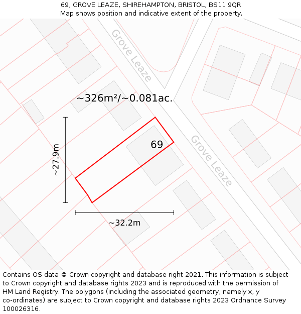 69, GROVE LEAZE, SHIREHAMPTON, BRISTOL, BS11 9QR: Plot and title map
