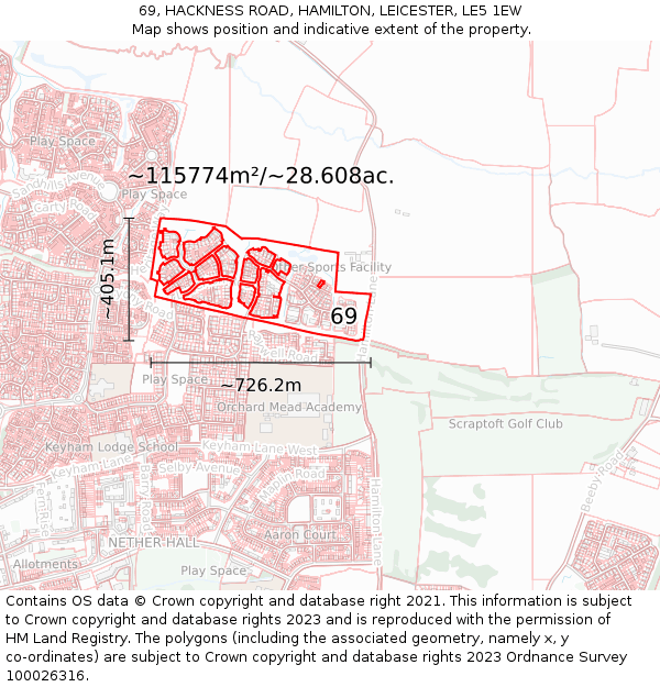 69, HACKNESS ROAD, HAMILTON, LEICESTER, LE5 1EW: Plot and title map