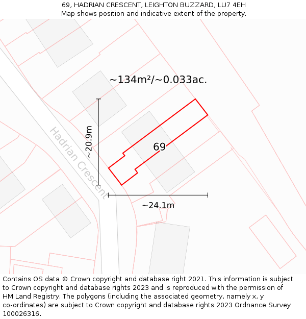 69, HADRIAN CRESCENT, LEIGHTON BUZZARD, LU7 4EH: Plot and title map