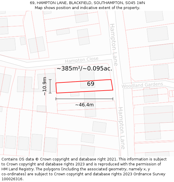 69, HAMPTON LANE, BLACKFIELD, SOUTHAMPTON, SO45 1WN: Plot and title map