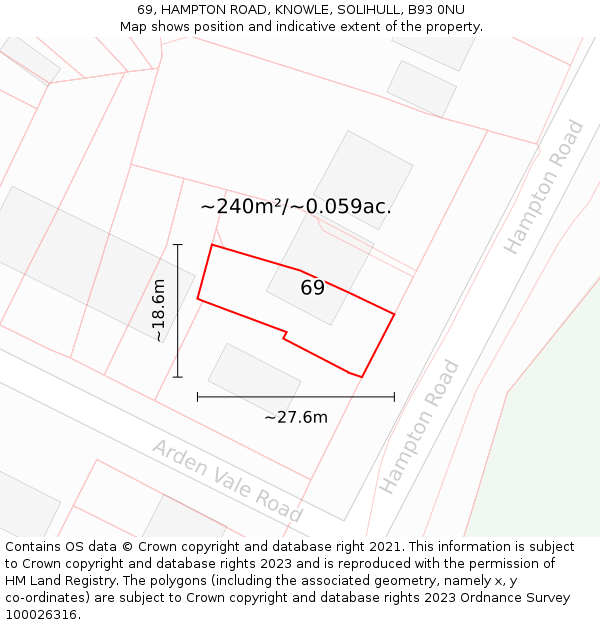 69, HAMPTON ROAD, KNOWLE, SOLIHULL, B93 0NU: Plot and title map