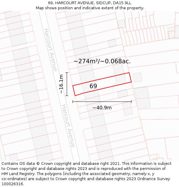 69, HARCOURT AVENUE, SIDCUP, DA15 9LL: Plot and title map