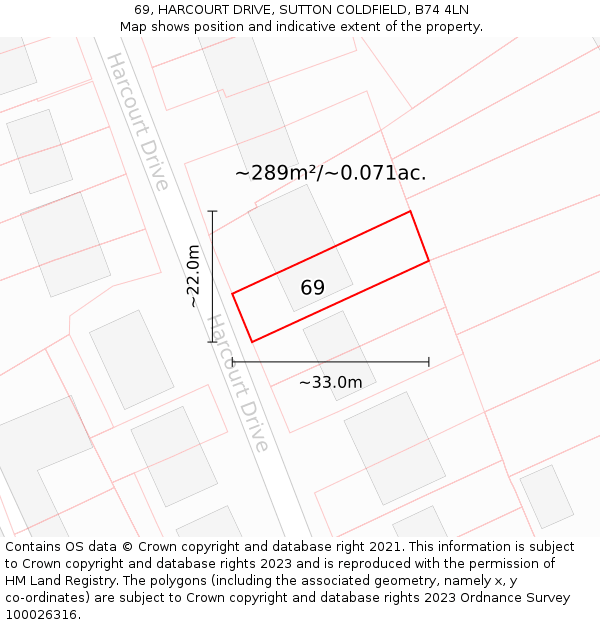 69, HARCOURT DRIVE, SUTTON COLDFIELD, B74 4LN: Plot and title map