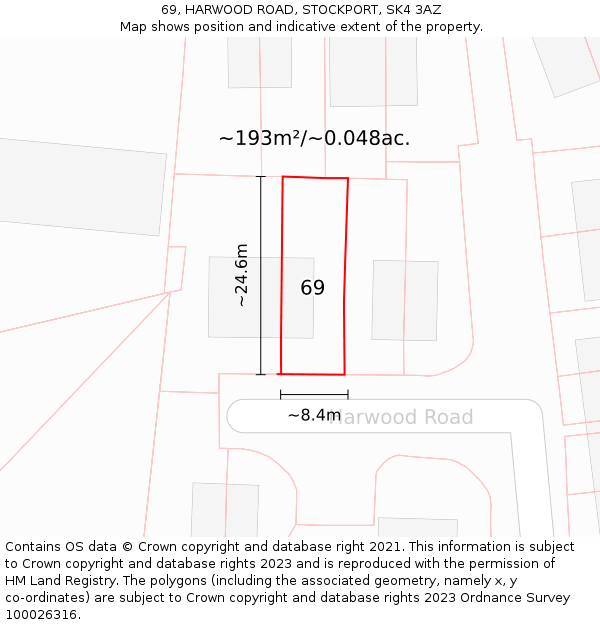 69, HARWOOD ROAD, STOCKPORT, SK4 3AZ: Plot and title map