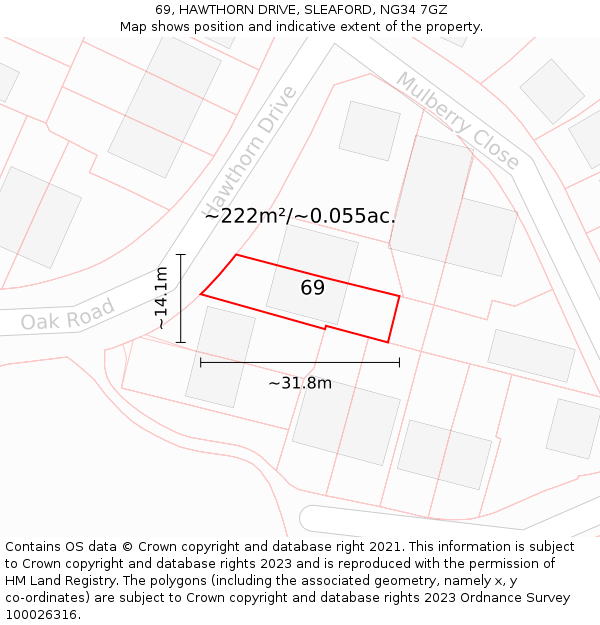 69, HAWTHORN DRIVE, SLEAFORD, NG34 7GZ: Plot and title map