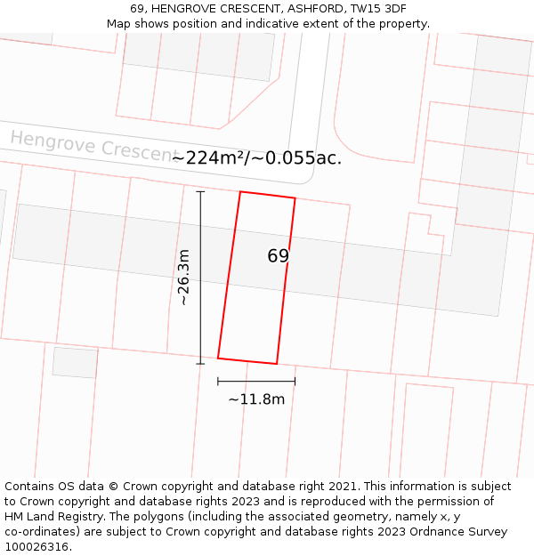 69, HENGROVE CRESCENT, ASHFORD, TW15 3DF: Plot and title map