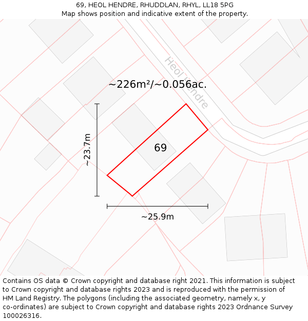 69, HEOL HENDRE, RHUDDLAN, RHYL, LL18 5PG: Plot and title map