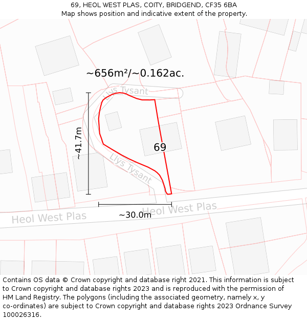 69, HEOL WEST PLAS, COITY, BRIDGEND, CF35 6BA: Plot and title map
