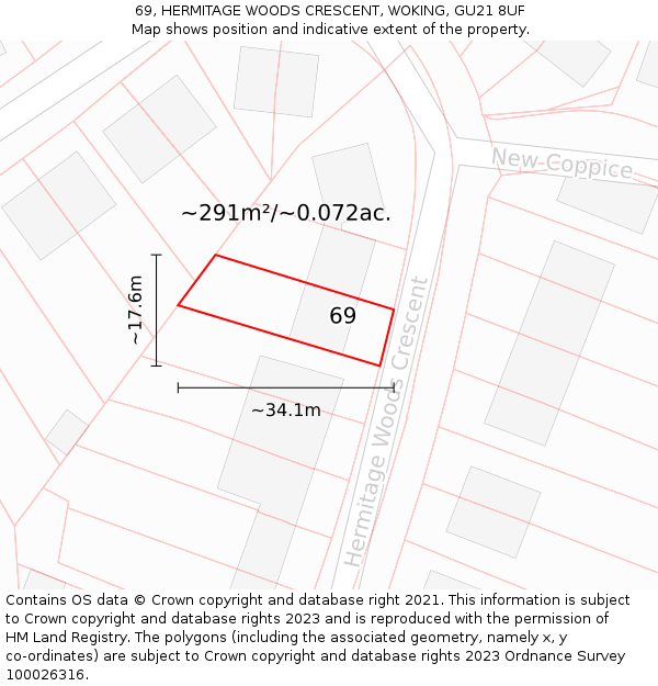 69, HERMITAGE WOODS CRESCENT, WOKING, GU21 8UF: Plot and title map