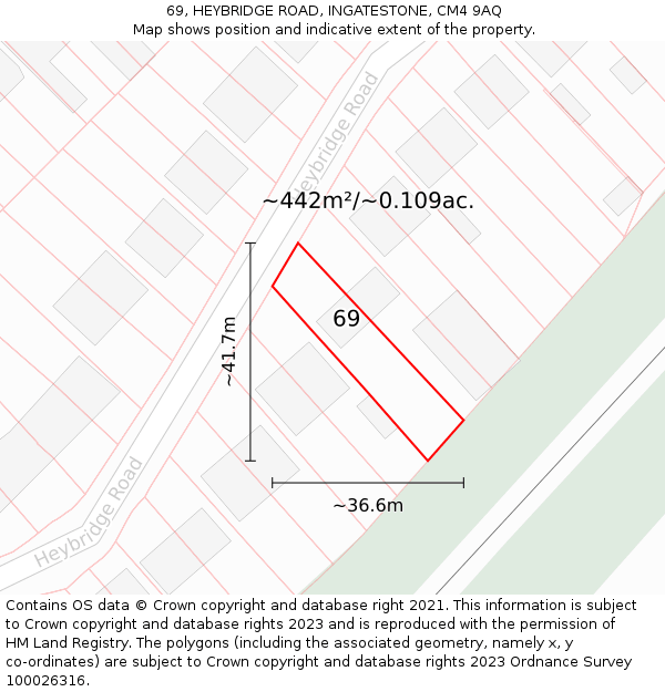 69, HEYBRIDGE ROAD, INGATESTONE, CM4 9AQ: Plot and title map