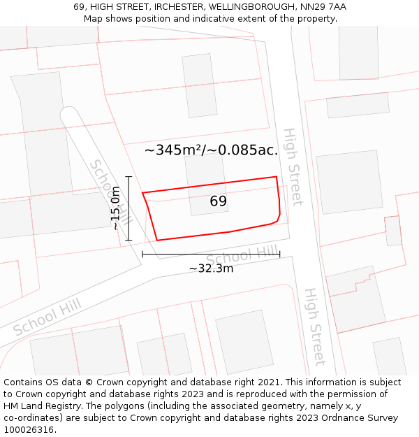 69, HIGH STREET, IRCHESTER, WELLINGBOROUGH, NN29 7AA: Plot and title map