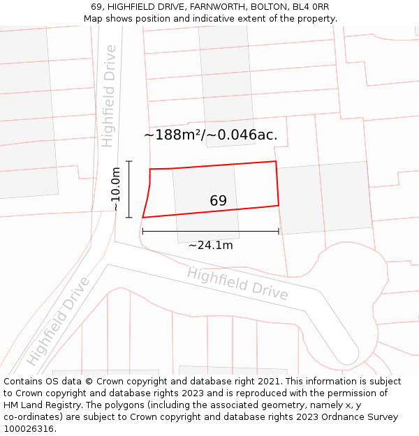 69, HIGHFIELD DRIVE, FARNWORTH, BOLTON, BL4 0RR: Plot and title map