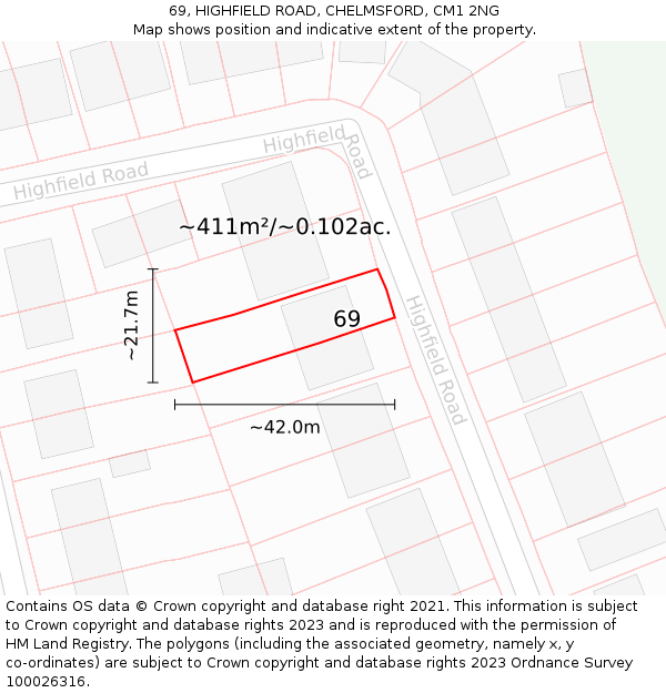 69, HIGHFIELD ROAD, CHELMSFORD, CM1 2NG: Plot and title map