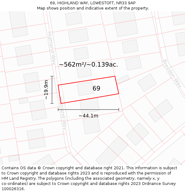 69, HIGHLAND WAY, LOWESTOFT, NR33 9AP: Plot and title map