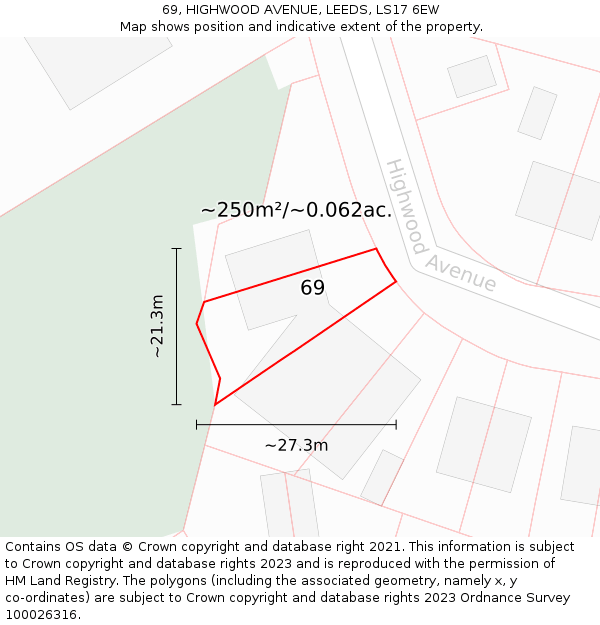 69, HIGHWOOD AVENUE, LEEDS, LS17 6EW: Plot and title map