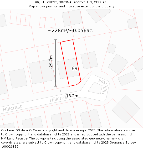 69, HILLCREST, BRYNNA, PONTYCLUN, CF72 9SL: Plot and title map