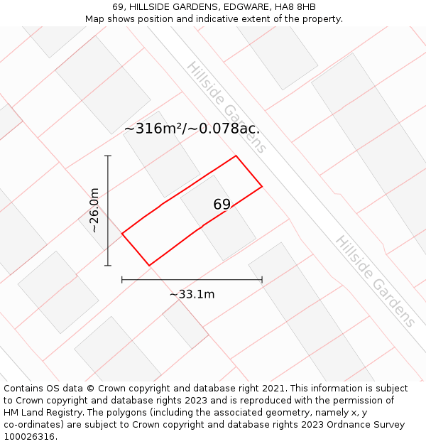 69, HILLSIDE GARDENS, EDGWARE, HA8 8HB: Plot and title map
