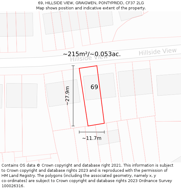 69, HILLSIDE VIEW, GRAIGWEN, PONTYPRIDD, CF37 2LG: Plot and title map