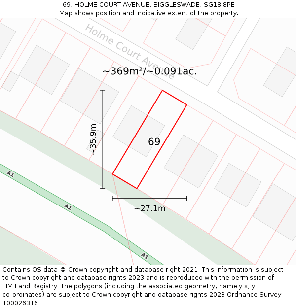 69, HOLME COURT AVENUE, BIGGLESWADE, SG18 8PE: Plot and title map