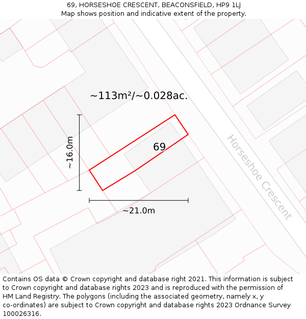 69, HORSESHOE CRESCENT, BEACONSFIELD, HP9 1LJ: Plot and title map
