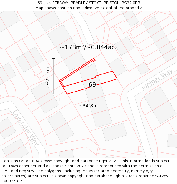 69, JUNIPER WAY, BRADLEY STOKE, BRISTOL, BS32 0BR: Plot and title map