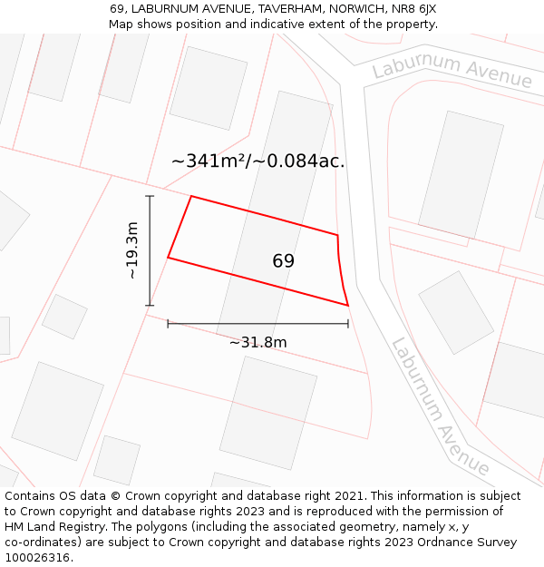 69, LABURNUM AVENUE, TAVERHAM, NORWICH, NR8 6JX: Plot and title map