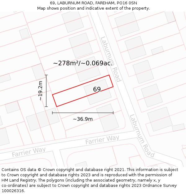69, LABURNUM ROAD, FAREHAM, PO16 0SN: Plot and title map
