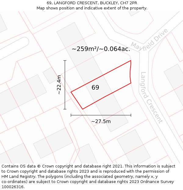 69, LANGFORD CRESCENT, BUCKLEY, CH7 2PR: Plot and title map