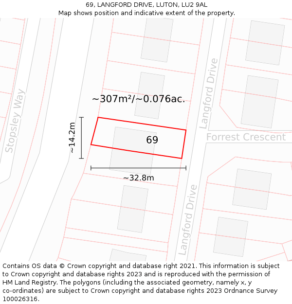 69, LANGFORD DRIVE, LUTON, LU2 9AL: Plot and title map