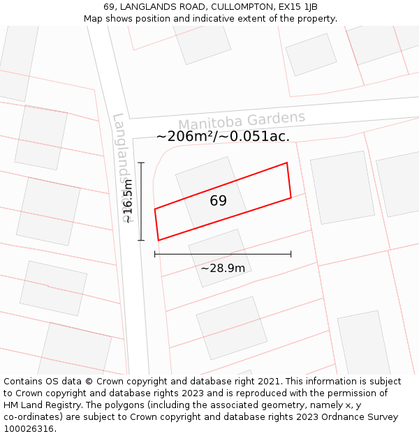 69, LANGLANDS ROAD, CULLOMPTON, EX15 1JB: Plot and title map