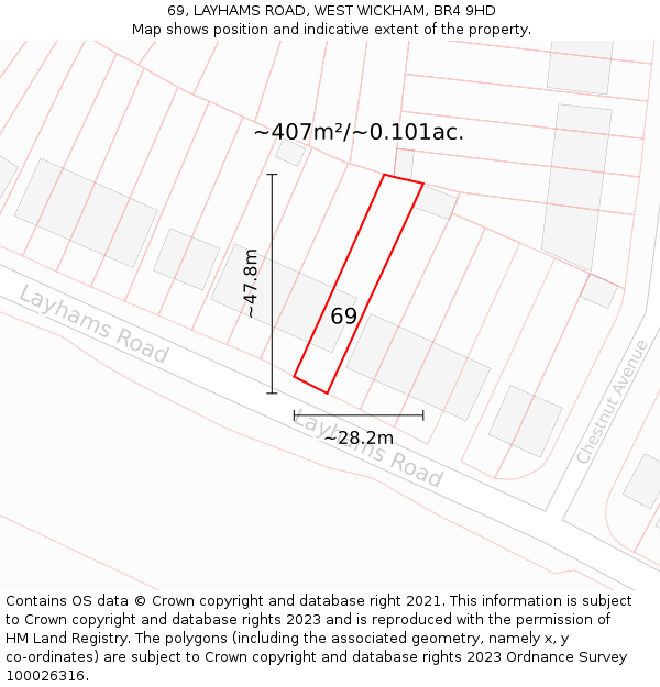 69, LAYHAMS ROAD, WEST WICKHAM, BR4 9HD: Plot and title map