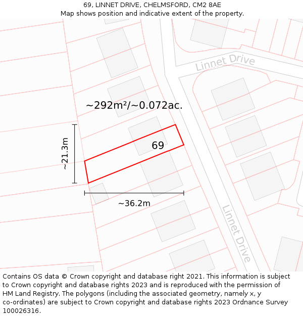 69, LINNET DRIVE, CHELMSFORD, CM2 8AE: Plot and title map