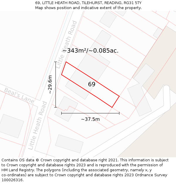 69, LITTLE HEATH ROAD, TILEHURST, READING, RG31 5TY: Plot and title map
