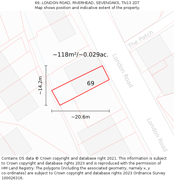 69, LONDON ROAD, RIVERHEAD, SEVENOAKS, TN13 2DT: Plot and title map