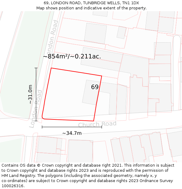 69, LONDON ROAD, TUNBRIDGE WELLS, TN1 1DX: Plot and title map