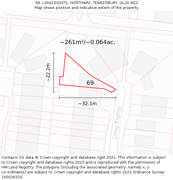 69, LONG EIGHTS, NORTHWAY, TEWKESBURY, GL20 8QZ: Plot and title map