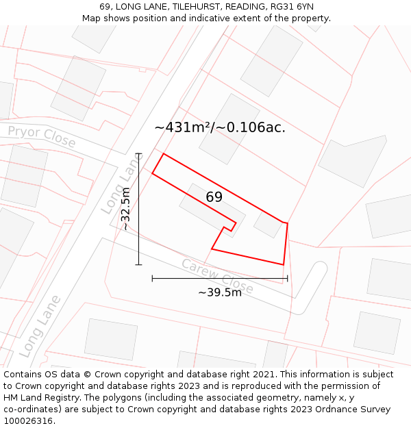 69, LONG LANE, TILEHURST, READING, RG31 6YN: Plot and title map